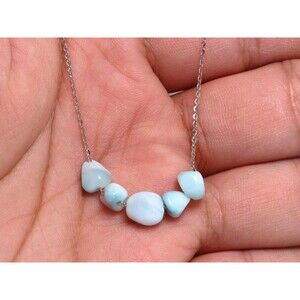 Larimar Gemstone Necklace, Curb 925 Sterling Silver Chain, Natural Gemstone